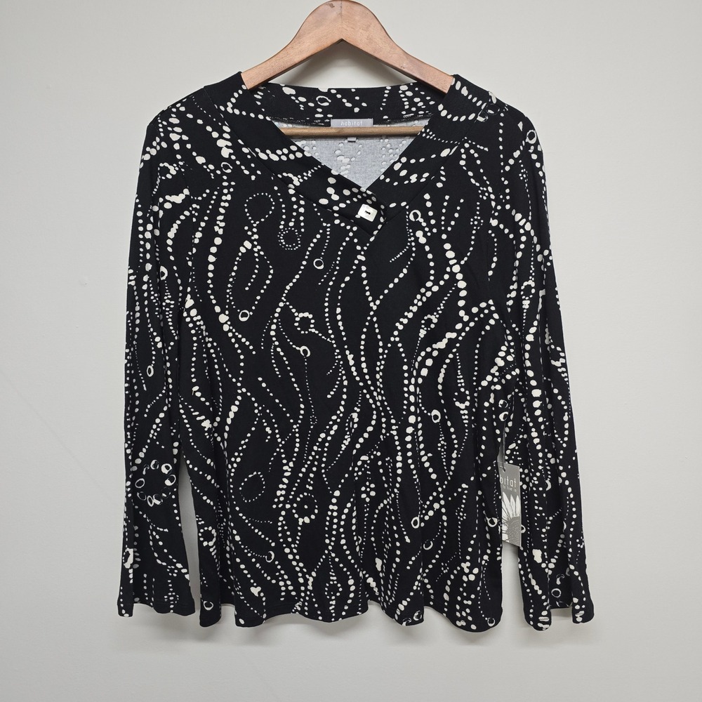 Habitat Asymmetric Neck Top Womens Large Black White Cotton Dot Print Artful